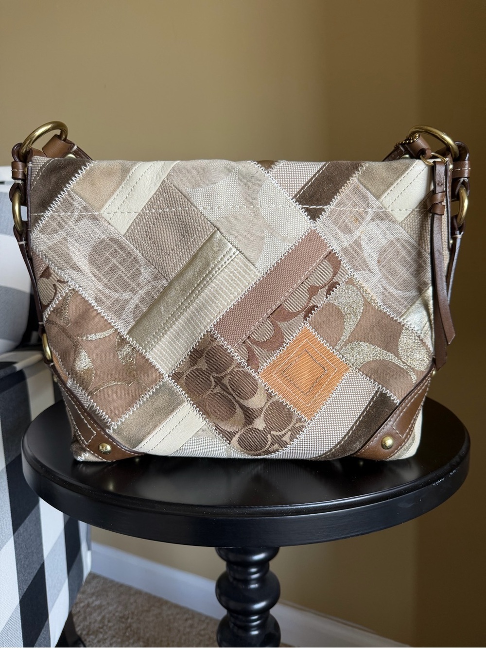 Coach Carly Patchwork Leather-Trim Shoulder Bag in Brown and Tan - Picture 3 of 12
